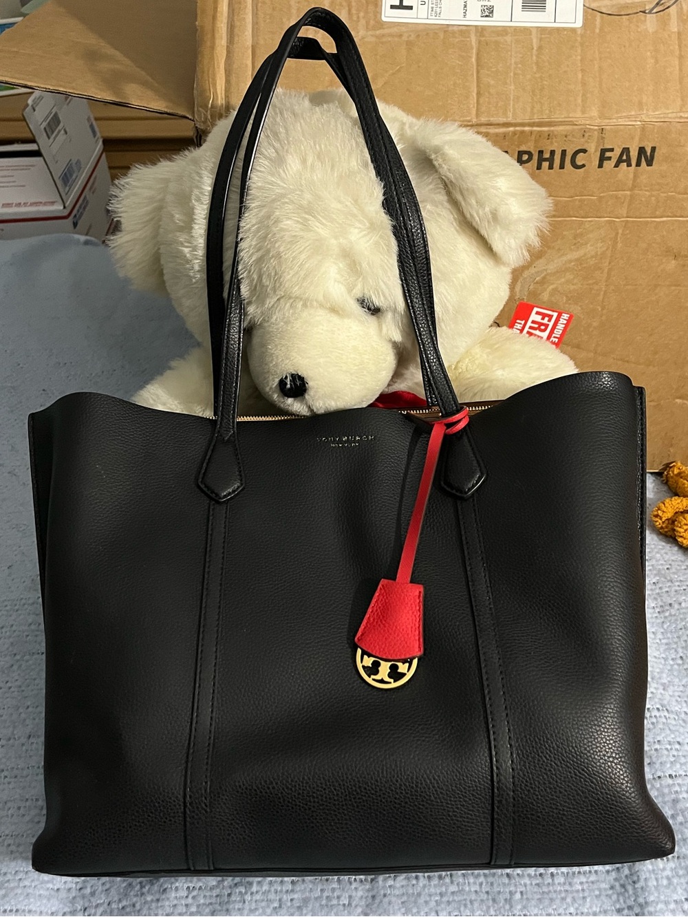Tory Burch Black Pebbled Leather Tote with Red Tag and Gold Logo